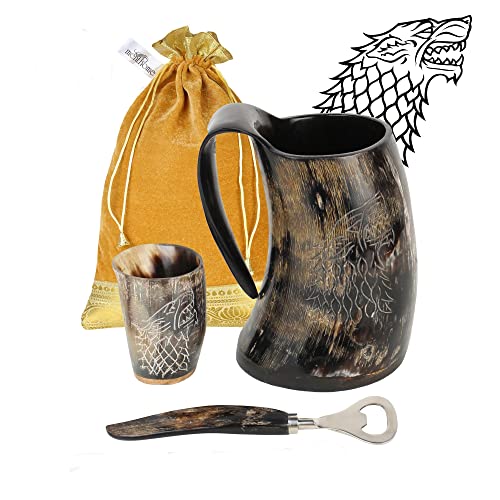 MENTHOME Game of Thrones Inspired Engraved Medieval Norse Style Polished Drinking Horn Mug - with Horn Shot Glass | Bottle Opener | Golden Gift Bag | 20 Oz. (Stark Mug)
