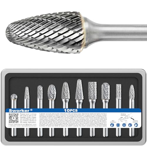 Sworker 10Pcs 1/4 Carbide Burr Set 1/4 Shank Die Grinder Bits for Grinding Metal Drill Bits Rotary Tool Rasp Attahments Accessories Steel Wood Stone Carving Deburring Compatible w/Milwaukee Dewalt
