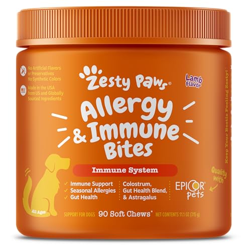 Zesty Paws Allergy & Immune Supplement for Dogs - for Seasonal Allergies, Immunity Pet Skin Health & Digestion - Dog Soft Chews with EpiCor Pets & Colostrum - Lamb - 90 Count