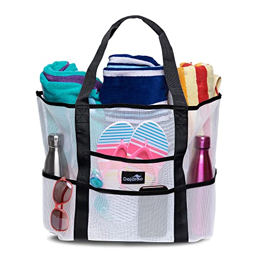 Dejaroo - Sand Free Mesh Bag - Strong Lightweight Tote For Beach & Vacation Essentials. Tons of Storage with 8 Pockets, Foldable, 17x9x15 inches, White with Black Straps