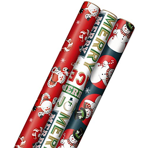 Hallmark Vintage Christmas Wrapping Paper Cut Lines on Reverse (3 Rolls: 120 sq. ft. ttl) Dancing Santas, Classic Snowman, 'Merry, Jolly, Happy, Peace'