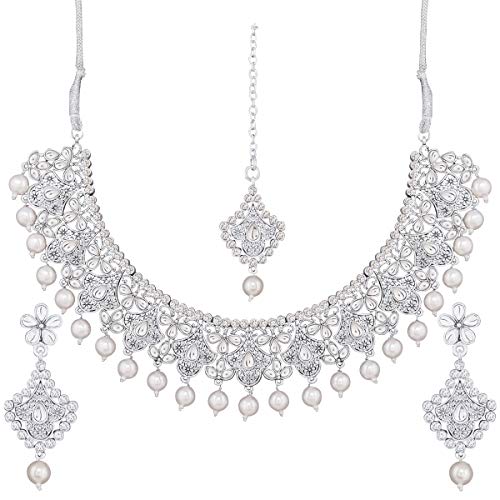 I Jewels Traditional Oxidised Silver Plated CZ Stone Studded & Pearl Necklace Set with Earrings & Maang Tikka for Women (M4108S)