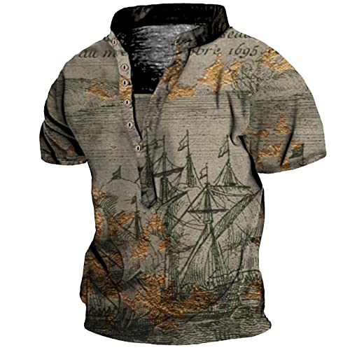 Mens Summer Casual Fashion Galleon Graphic Printed Short-Sleeved Shirts v Collar Button Down Tops