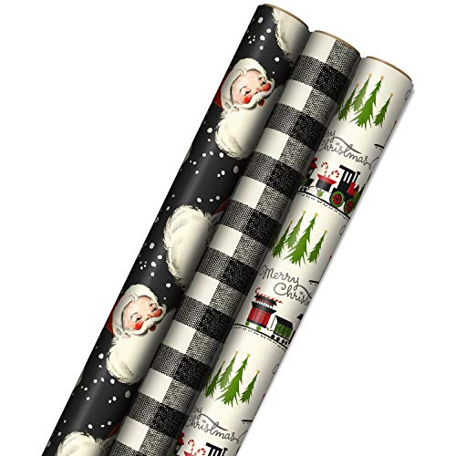 Hallmark Black Christmas Wrapping Paper with Cut Lines on Reverse (3 Rolls: 120 sq. ft. ttl) Retro Santa, Black and White Buffalo Plaid, Train and Trees (0005JXW1077)