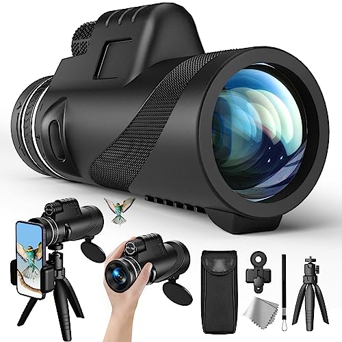 80x100 Monocular Telescope, HD Monocular for Adults with Smartphone Adapter & Tripod, Compact Monocular for Bird Watching Hiking Camping Hunting Wildlife Travel (Black)