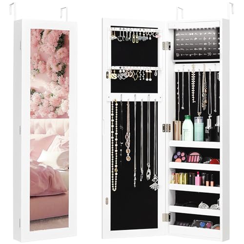 Giantex 12 LEDs Jewelry Armoire Wall Door Mounted, Jewelry Cabinet Organizer with Full-length Mirror, Ring Earring Slots Necklace Hooks and 5 Storage Shelves, Large Storage Capacity