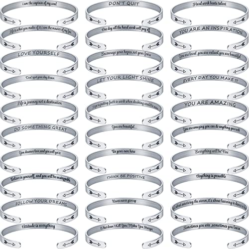 MTLEE 30 Pieces Inspirational Bracelets for Women Cuff Bracelets for Women Silver Personalized Cuff Bangles Adjustable Bracelet for Women 30 Different Hidden Message Motivational Bracelets