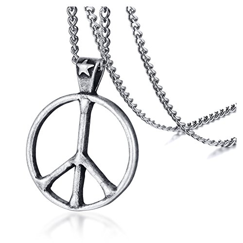 HUANIAN Stainless Steel Classic Peace Sign Love Hippie Pendant Necklace, 24 inch Chain