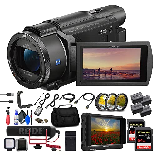 Sony FDR-AX53 4K Ultra HD Handycam Camcorder (FDRAX53/B) + 4K Monitor + Pro Mic + 2 x 64GB Memory Card + 3 x NP-FV70 Battery + Filter Kit + Bag + Charger + Card Reader + LED Light + More (Renewed)