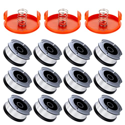 AF-100 Weed Eater Spool Compatible with Black+Decker, 30ft 0.065' Autofeed Replacement Weed Eater String Trimmer Line for Black and Decker Weed Eater (12 Line Spools + 3 Caps+3 Springs)