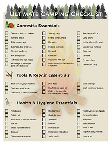 Ultimate Camping Hiking Gear Accessories Equipment Checklist -Laminated & Double Sided - Never Forget Packing Items