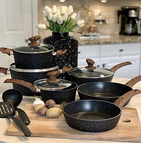 Kitchen Academy Induction Cookware Sets - 12 Piece Cooking Pan Set, Granite Black Nonstick Pots and Pans Set