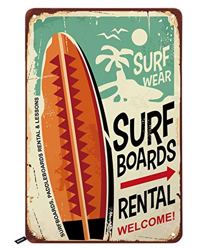 Swono Surf Boards Tin Signs,Surf Wear Rental Welcome Vintage Metal Tin Sign for Men Women,Wall Decor for Bars,Restaurants,Cafes Pubs,12x8 Inch