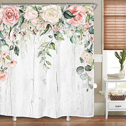 Riyidecor Pink Roses Floral Shower Curtain for Bathroom Decor 60Wx72H Flowers Eucalyptus Rustic Wood Farmhouse Leaf Watercolor Blossoming Art Printed Fabric Polyester Waterproof 12 Pack Plastic Hooks