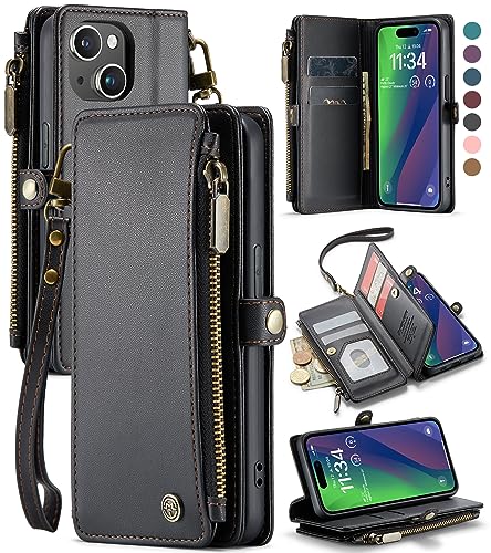 Defencase for iPhone 15 Case,【RFID Blocking】 for iPhone 15 Wallet Case for Women Men with Credit Card Holder Slots Zipper Pocket Book Flip PU Leather Protective Cover for iPhone 15 Phone Case, Black