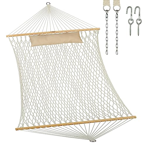 JoyView Traditional Rope Double Hammock - Hand Woven Cotton Hammock with Hardwood Spreader Bar and Pillow 450lb Capacity 2 Person Hammock for Outdoor Indoor Patio Yard - Natural