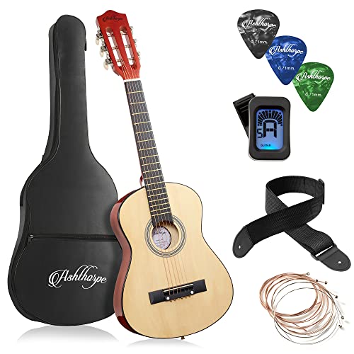 Ashthorpe 30-inch Beginner Acoustic Guitar Package (Natural), Basic Starter Kit w/Gig Bag, Strings, Strap, Tuner, Picks