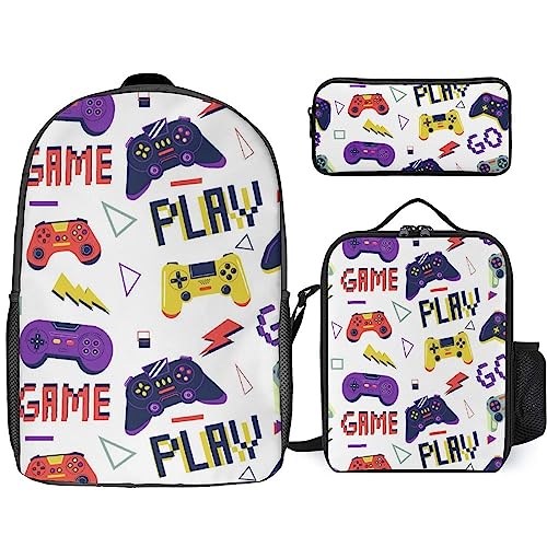 NAWFIVE Gaming Controller Pattern Backpack And Lunch Bag,Pencil Case 3 Set Bag Video Game Joystick Lightweight Casual Daypack for Men Women Work,Travel
