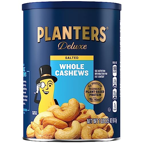 PLANTERS Deluxe Salted Whole Cashews, Party Snacks, Plant-Based Protein, Quick Snack for Adults, After School Snack, Roasted Cashew Flavored with Sea Salt, Bulk Nuts, Kosher, 18.25oz Canister