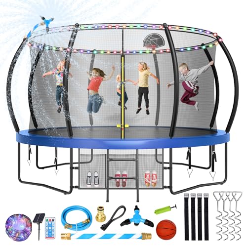 Lyromix Upgrade 14FT Trampoline for Kids and Adults, Outdoor Trampolines with Curved Poles, Pumpkin Shaped Trampoline with Sprinkler, Stakes, Light, Basketball, Basketball Hoop and Storage Bag