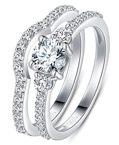 BORUO 925 Sterling Silver Ring, Cubic Zirconia CZ 2pc Wedding Band Stackable Ring Set Size 5