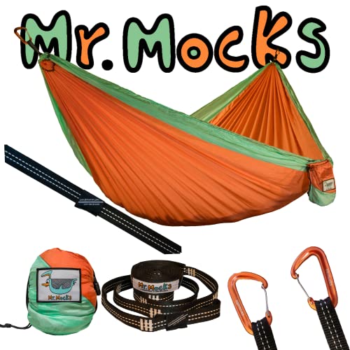Mr. Mocks Single, Double, Triple Hammock, Light Weight Tree Straps, Aluminum Carabiners, Water Resistant Parachute Nylon, Easy Stuff Sack, Great Travel Camping Mock (Just Peachy, Double)