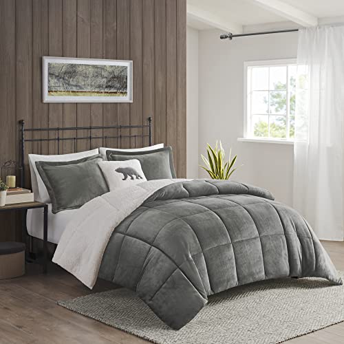 Woolrich Reversible Comforter Set Ultra Soft Plush to Sherpa, Down Alternative, Cold Weather Winter Warm Bedding, with Matching Sham, Decorative Pillow Charcoal/Ivory King 4 Piece