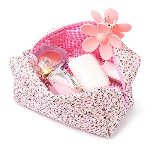 SOIDRAM Quilted Makeup Bag Floral Cosmetic Bag Puffy Coquette Makeup pouch Aesthetic Cute Pink Travel Toiletry Bag Organizer cotton Makeup Brushes Storage Bag for Women