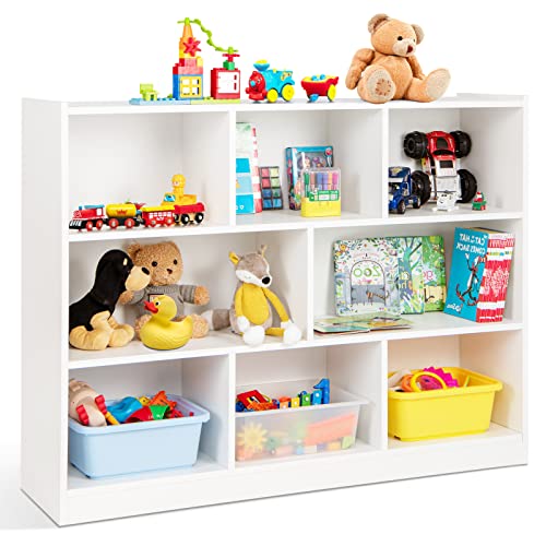 HONEY JOY Kids Toy Storage Organizer, 8-Section Storage Daycare Shelf for Preschool, Children 3-Tier Open Wooden Display Book Shelf Organizer for Classroom, Playroom & Nursery, Kindergarten(White)