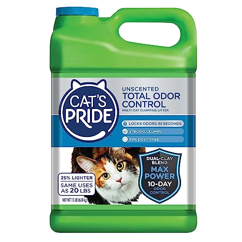 Cat's Pride Max Power: Total Odor Control - Up to 10 Days of Powerful Odor Control - Strong Clumping - Hypoallergenic - 99% Dust Free - Multi-Cat Litter, Unscented, 15 Pounds