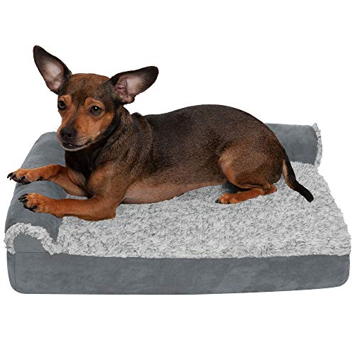 Furhaven Two-Tone Faux Fur & Suede L-Shaped Chaise Egg Crate Orthopedic Foam Dog Bed - Stone Gray, Small