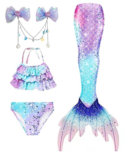 CHICPIG 4PCS Mermaid Tails for Girls for Swimming Princess Bathing Suits Swimsuit Swimwear Bikini Suit for 3-12 Years Old (Standard, 7-8 Years, A-Purple)