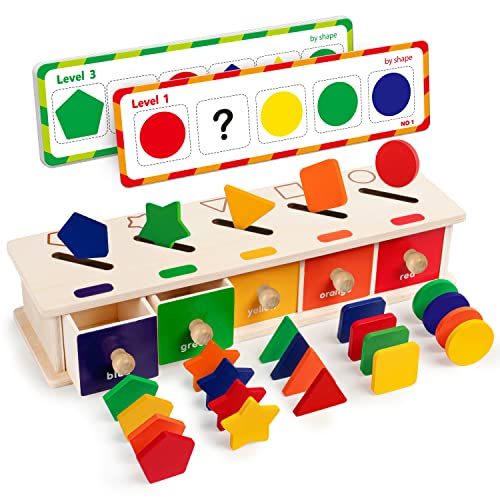 Coogam Montessori Toys Wooden Color Shape Sorting Box Game Geometric Matching Blocks Early Learning Educational Toy Gift for 3 4 5 Year-Old Baby Toddlers