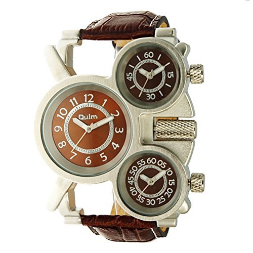 Oulm Three Time Display Quartz Mens Military Army Sport Wrist Watch Coffee