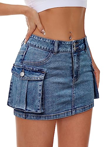 Mancreda Women Denim Cargo Skirt Mini Low Waist Button Bodycon Y2K Flap Pockets Skirts(BL,S)