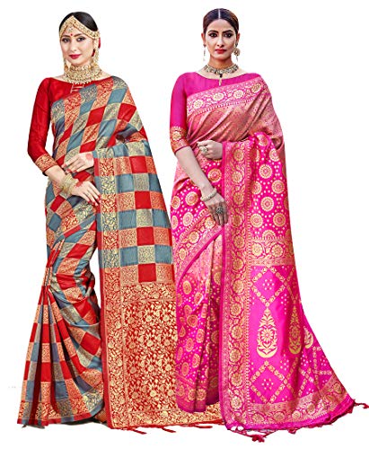 Elina fashion Pack of Two Sarees for Women Banarasi Art Silk Woven Indian Wedding Sari | Summer Collection Gift Saree Combo Set