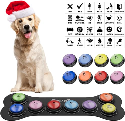 Dog Buttons for Communication, 8 Pcs Dog Talking Button Set, 30s Recordable Voice Pet Buzzer Training Buttons, Speaking Button for Dogs with Waterproof Anti-Slip Dog Button Mat and 24 Scene Stickers