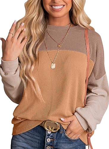 Dokotoo Womens Pullover Shirts Ladies Crewneck Long Sleeve Colorblock Tunics Blouses Autumn Winter Casual Loose Jumper Tops Fall Fashion Knitted Tops Khaki Medium