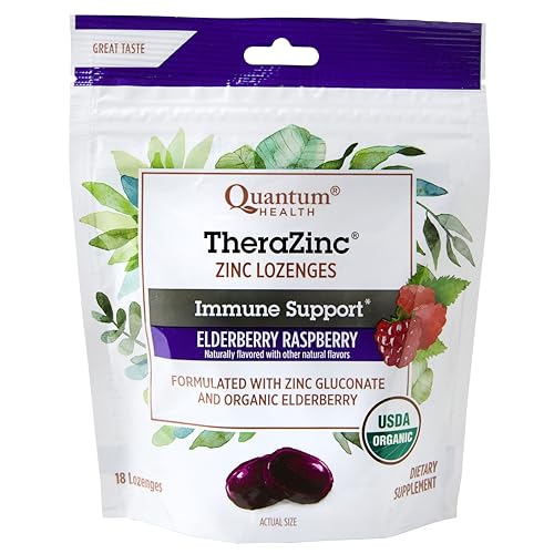 Quantum Health TheraZinc Organic Zinc Lozenges Elderberry Sambucus Raspberry & Honey Immune Support for Adults & Kids 12+ Naturally Flavored Fast Relief with No Aftertaste -18 Count (Package may vary)