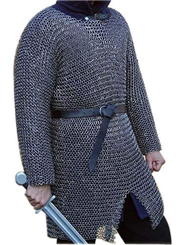 AnNafi ChainMail Armor Shirt Costume| Chain mail Top Dress Halloween Costume 9 mm Flat Riveted with Washer Medieval Armour SCA | Metallic Knit Chainmail Tunic Full Sleeve Shirt Men (Large, BLACK)