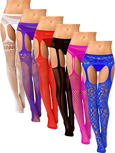 6 Pairs Women Fishnet Thigh-High Stockings Tights Suspender Pantyhose Stockings for Women Girls (Black, White, Rose Red, Purple, Red, Dark Blue,Medium-large)