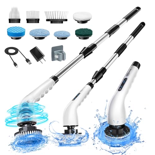 Electric Spin Scrubber, Shower Scrubber Cordless Cleaning Brush with 8 Replaceable Brush Heads and Squeegee，Adjustable Extension Handle 2 Speeds Electric Cleaning Brush for Bathroom, Tub, Tile，Kitchen