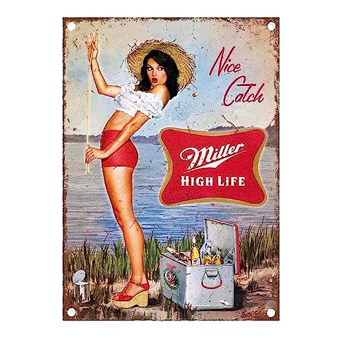 Vintage Metal Sign, Miller Beer Pin Up Girl Wall Decor, Bar Pub Kitchen Garage Decoration 8x12 INCH
