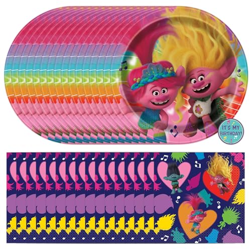 Trolls Birthday Party Decorations | Serves 16 Guests | Trolls Plates, Napkins, Sticker