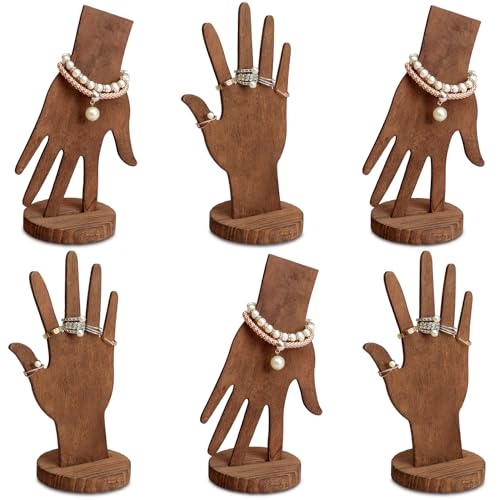 MOOCA 6-Piece Wooden Hand Form Jewelry Display Set, 2-Way Design for Wall Hanging or Standalone Mannequin Finger Hand Display, Brown Color