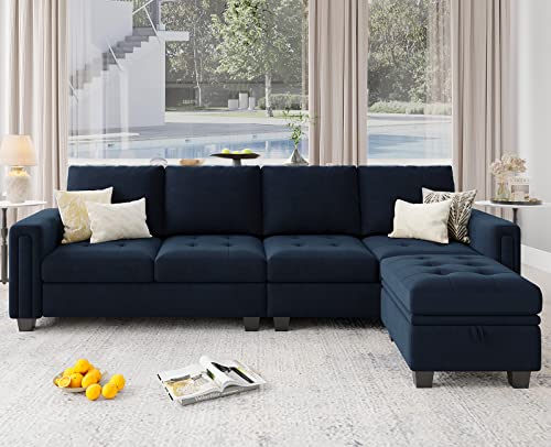 Belffin Velvet Reversible Sectional Sofa with Chasie Convertible L Shaped 4-seat Sectional Couch with Storage Ottoman Blue