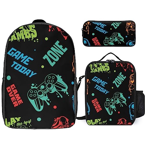 NAWFIVE Joystick Video Game Backpack And Lunch Bag,Pencil Case 3 Set Bag Game Console Controller Lightweight Casual Daypack for Men Women Work,Travel
