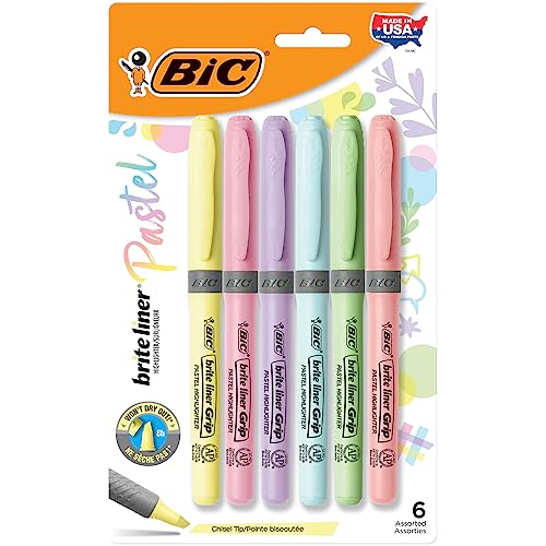 BIC Brite Liner Grip Pocket Highlighter, Assorted Ink Colors, Chisel Tip, Assorted Barrel Colors, 6/pack