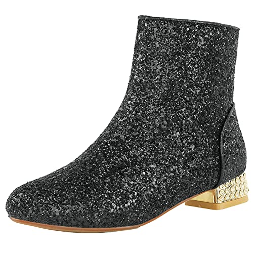FIFSY Women's Sequin Low Heel Sparkly Glitter Metallic Ankle Boots Ladies Zipper Party Prom Booties Holiday Gift Halloween Shiny Black Boots US9.5 EU40