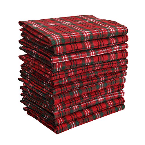 DG Collections Dinner Napkins, 100% Cotton Over Sized Kitchen Napkins, Set of 12 Pack (19 x 19 Inch) Red & Green Plaid for Christmas and Thanksgiving with Mitered Corner and Lint Free
